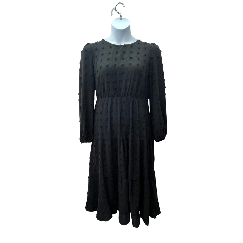 Black Swiss Dot Tiered Long Sleeve Midi Dress L Witchy‎ Whimsy Goth Peasant Boho